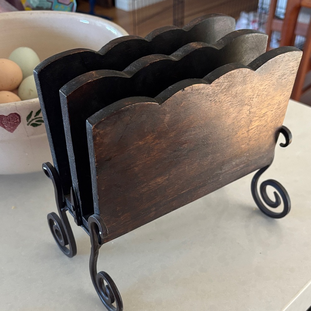 Wooden Scalloped Napkin or Letter Holder on Scroll Metal Stand - vintage